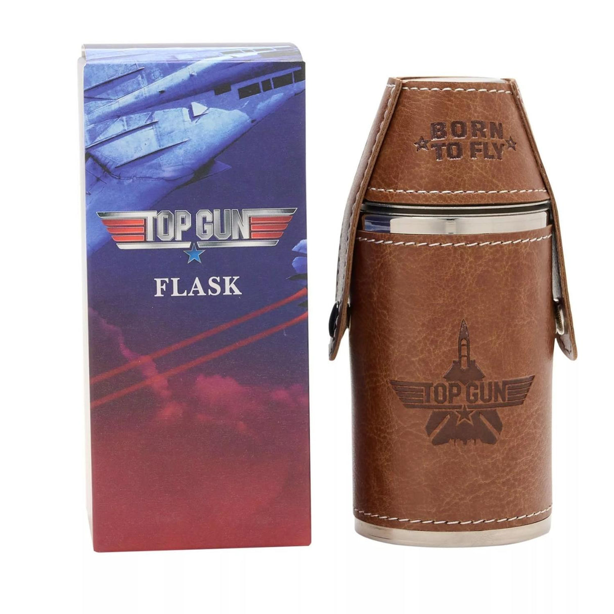 Top Gun Stainless Steel 6oz Travel Flask Faux Leather Wrap Brown