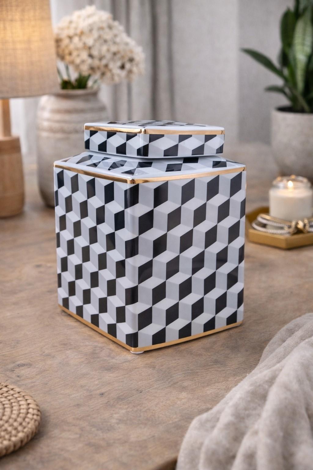 Black and White Geometric Vase with Gold Accent