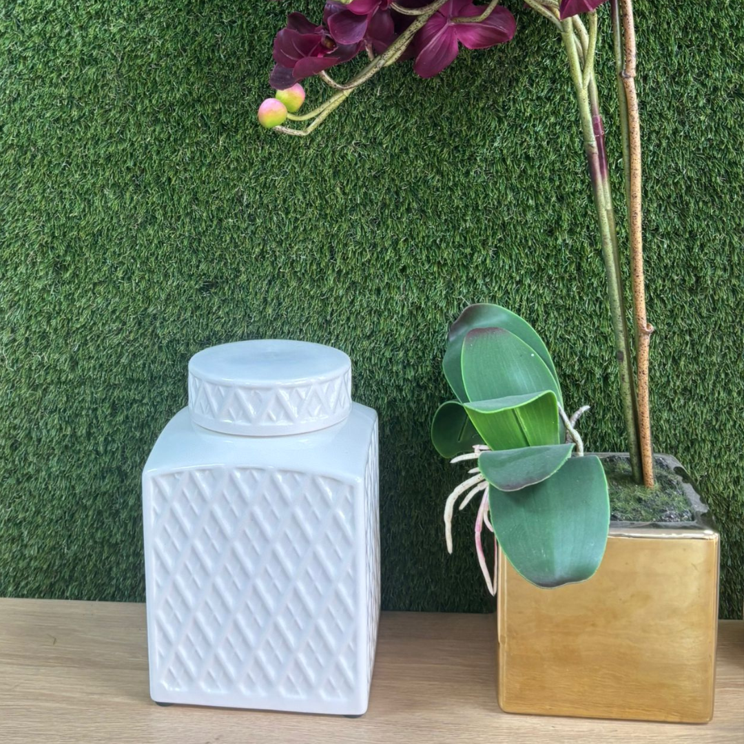 Embossed Diamond Glossy Ceramic Lidded Jar H23cm