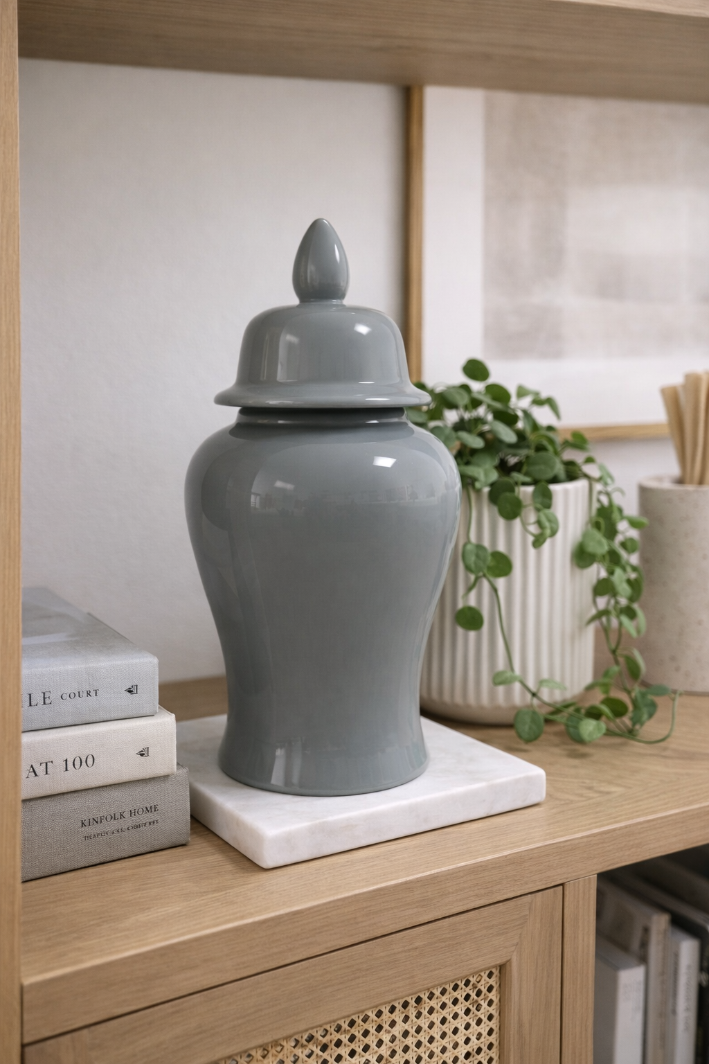 Grey Ceramic Lidded Vase H50cm Gloss Decorative Ornament