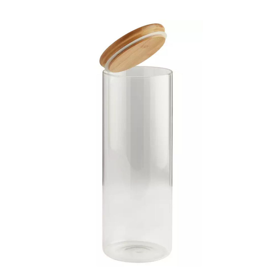 Clear Glass Cylinder Storage Jar with Bamboo Lid 1600ml