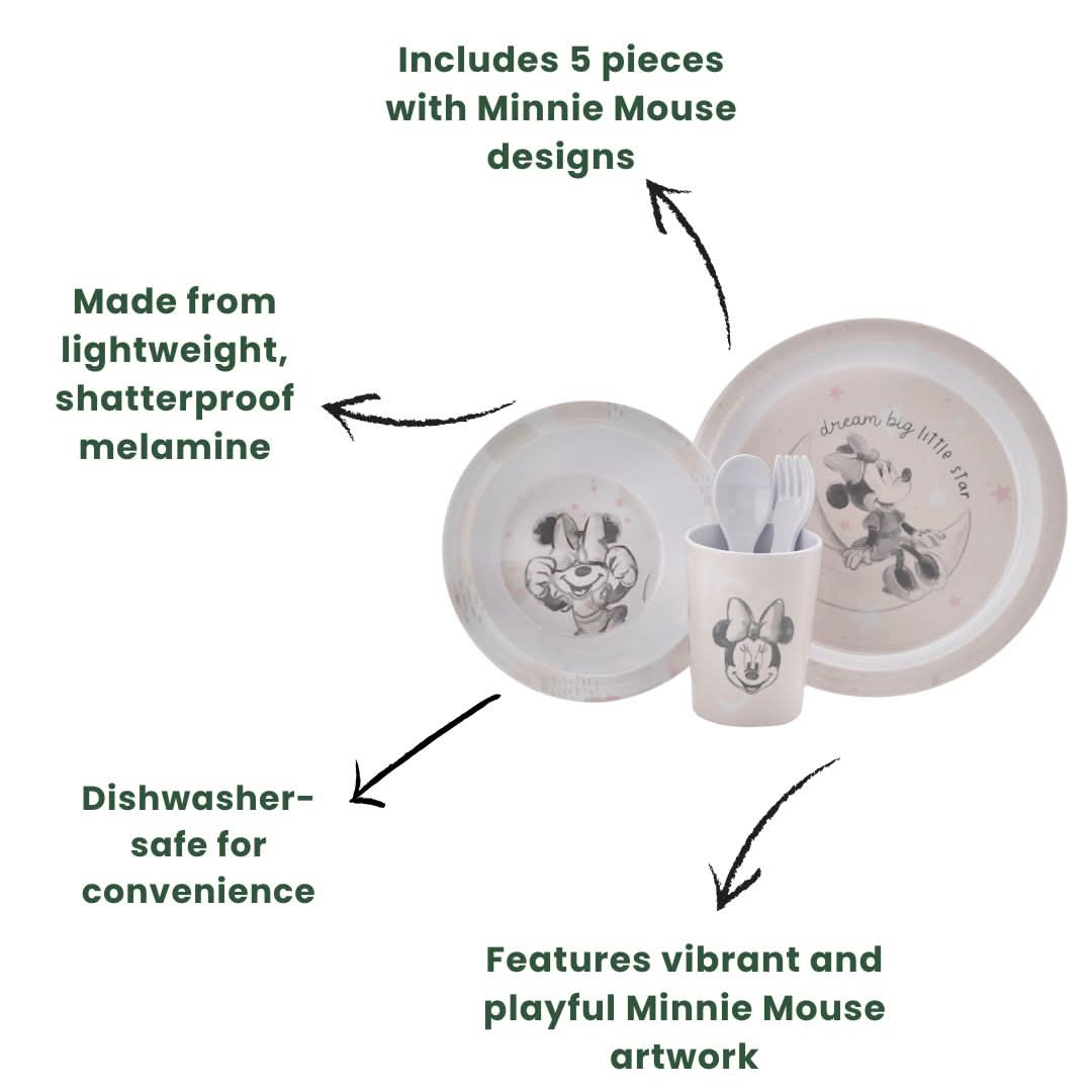 Disney Minnie Baby 5 Piece Melamine Feeding Set Cup Bowl Plate Cutlery Pink