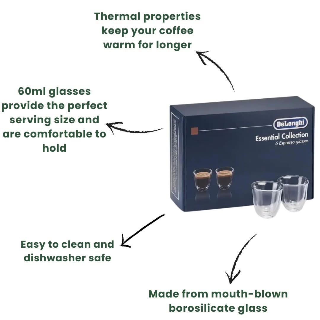 De'Longhi DLSC300 Double Wall Espresso Glasses Pack of 6 Clear
