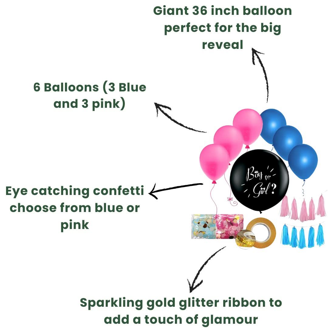 Gender Reveal 36 Inch Balloon Party Pack with Confetti Balloons and Ribbon