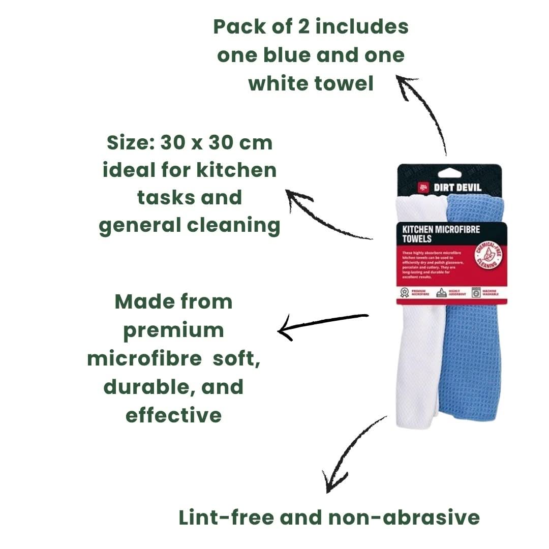 Dirt Devil Pack of 2 Kitchen Microfibre Towels 30 x 30cm Blue White
