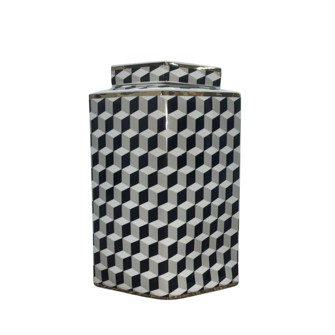 Black and White Geometric Vase with Gold Accent Approx 32cm