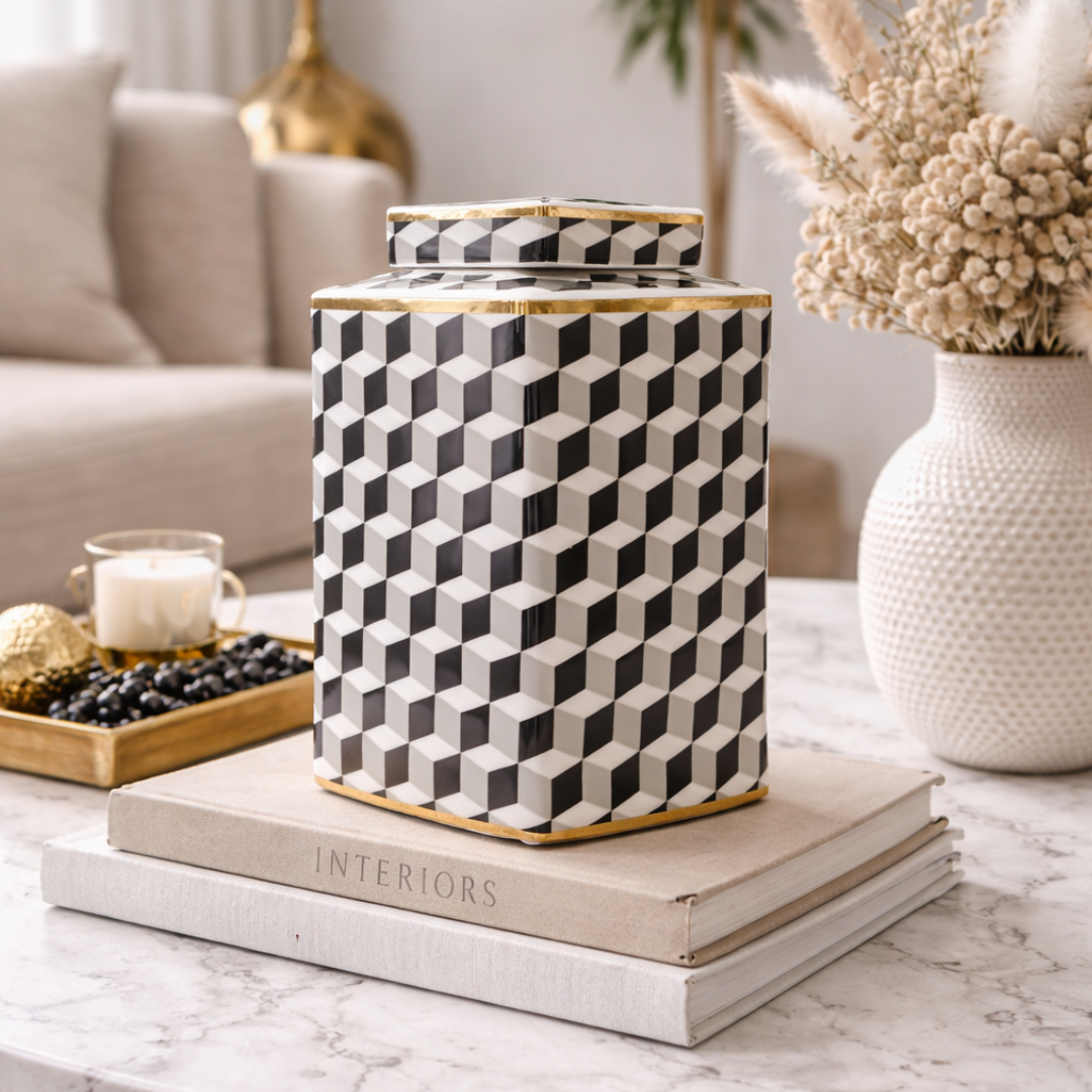 Black and White Geometric Vase with Gold Accent Approx 32cm