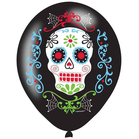 Black balloon with colorful sugar skull design for Day of the Dead balloons celebration