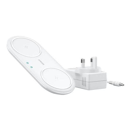 Anker dual wireless charger pad in white with two charging spots and a power adapter