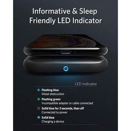 Anker fast wireless charger with sleep friendly LED indicator showing charging status and device connection