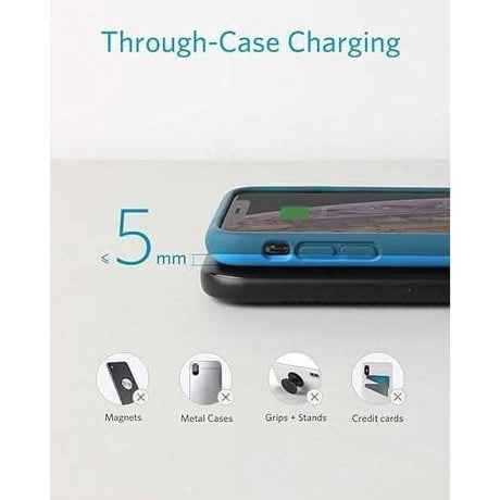 Anker fast wireless charger showing through-case charging for phone cases up to 5mm thick