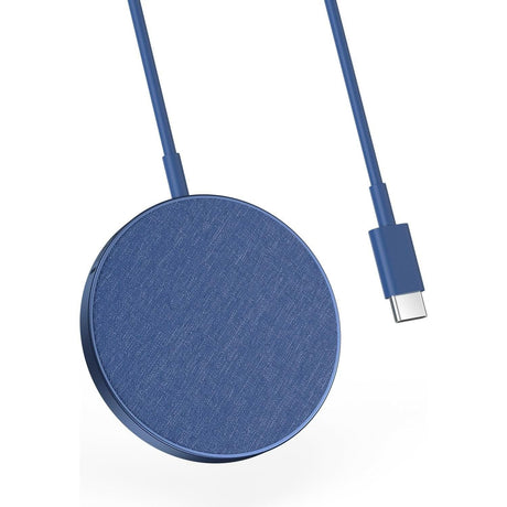 Blue Anker magnetic wireless charger with USB-C cable and fabric finish surface