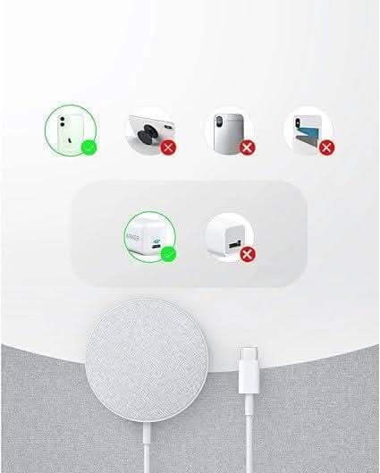 Anker magnetic wireless charger with USB-C cable and compatibility guide showing supported devices and adapters