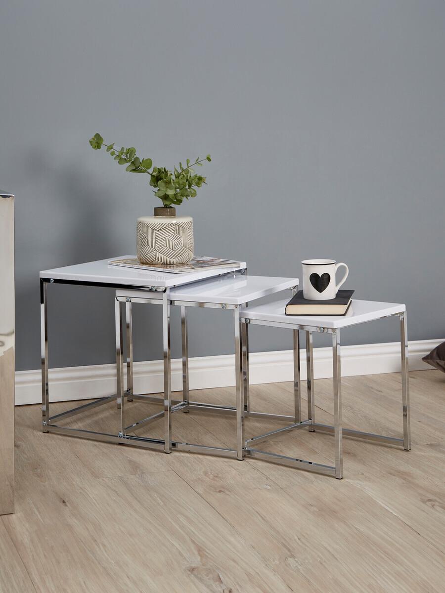 White Gloss Top Nest of 3 Tables with Chrome Frame