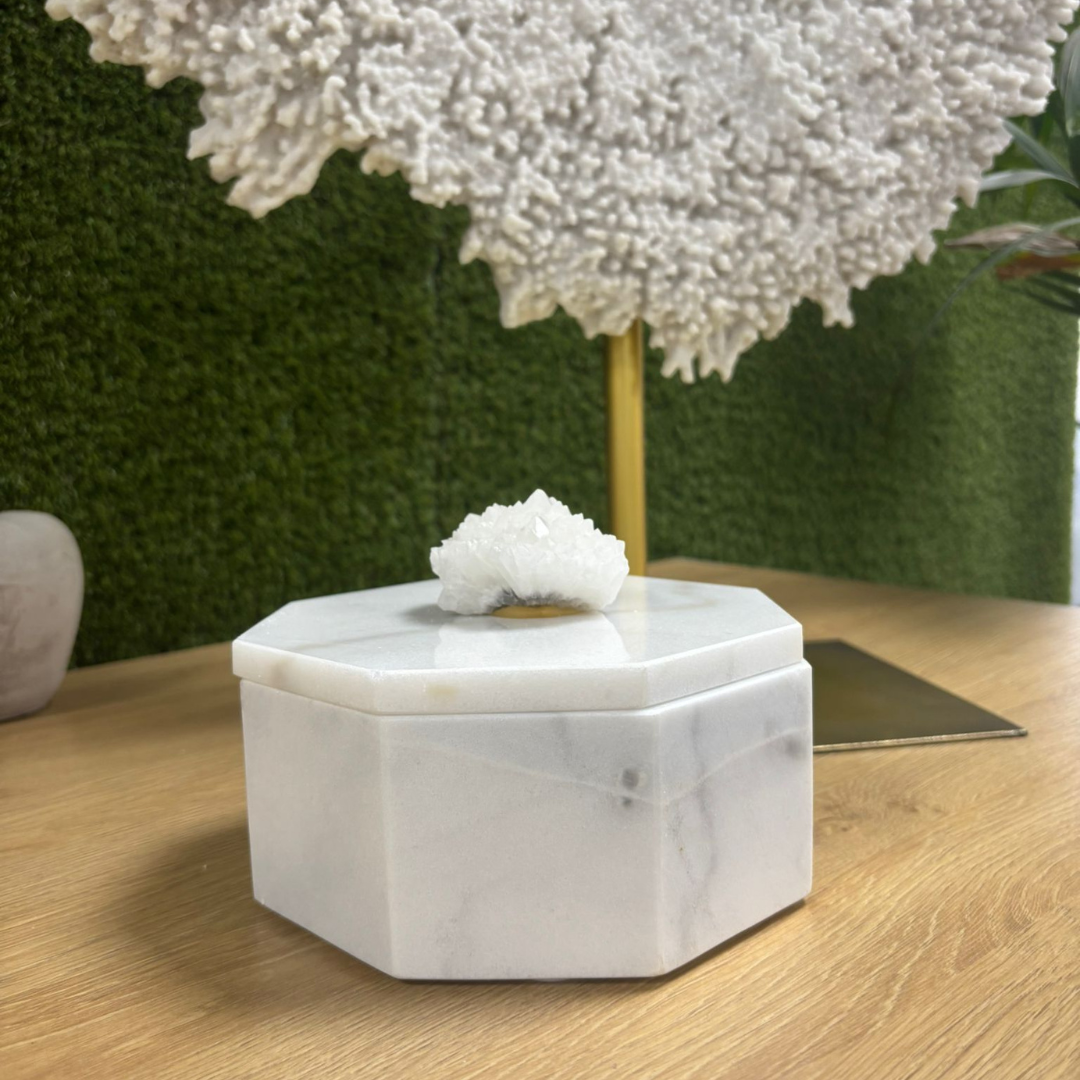 White Marble Hexagon Lidded Box with Crystal Handle