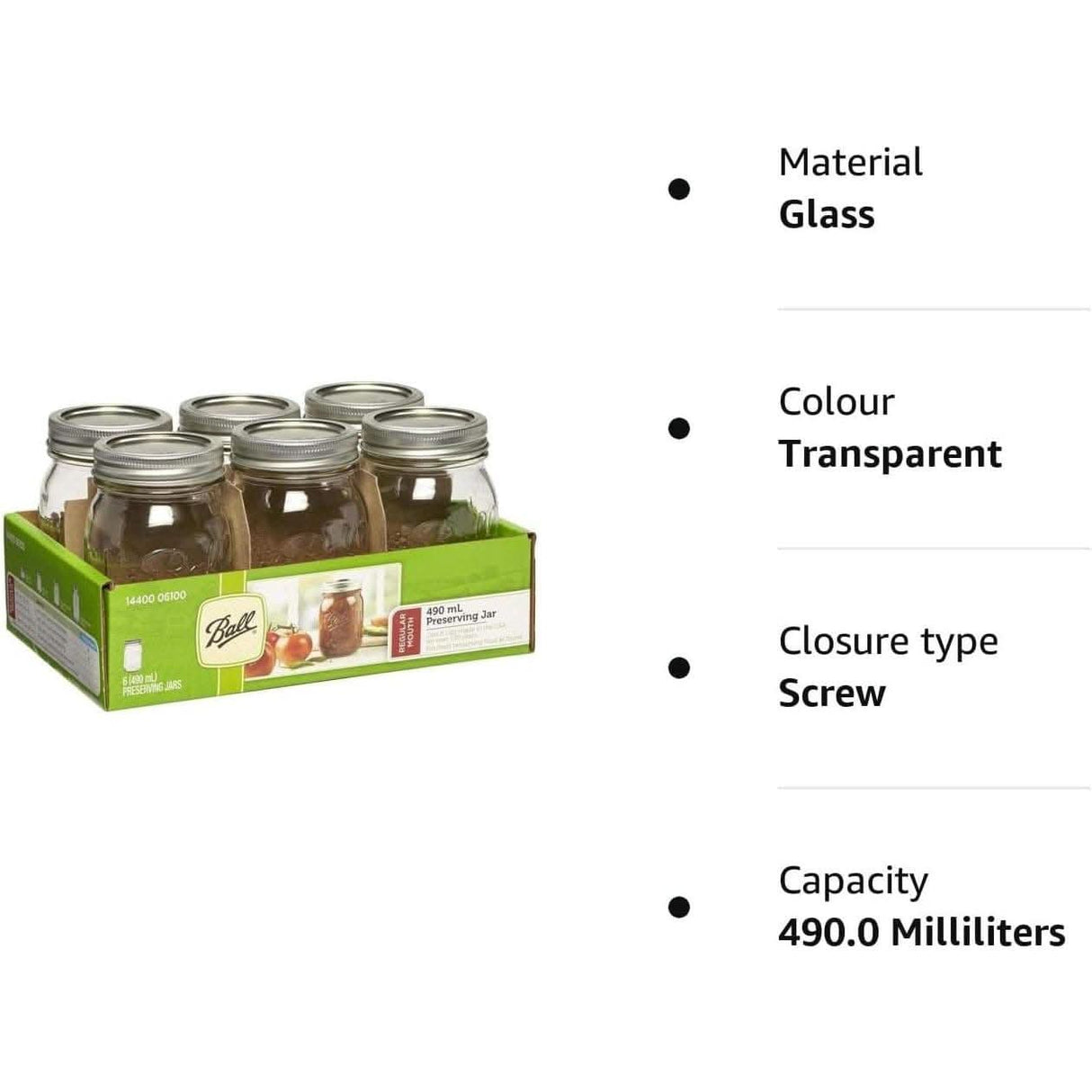 Ball Mason Jars Regular Mouth - 490ml 6 Pack