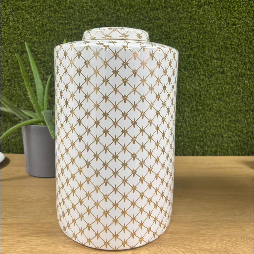 Decorative 33cm Tall White Vase with Gold Geometric Motif