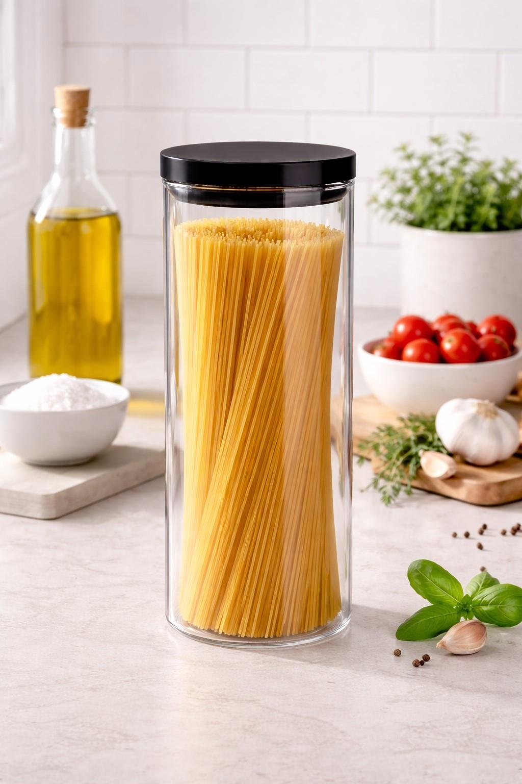 Clear Glass Cylinder Storage Jar with Black Lid 1600ml