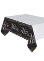 Fancy Dress black and white birthday table cover with gold confetti and Happy Birthday text