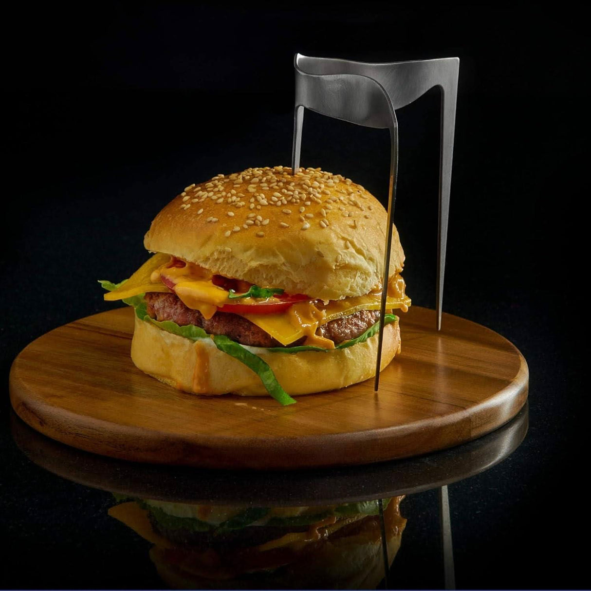 Burger Skewer Set – Stainless Steel & Wooden Plate