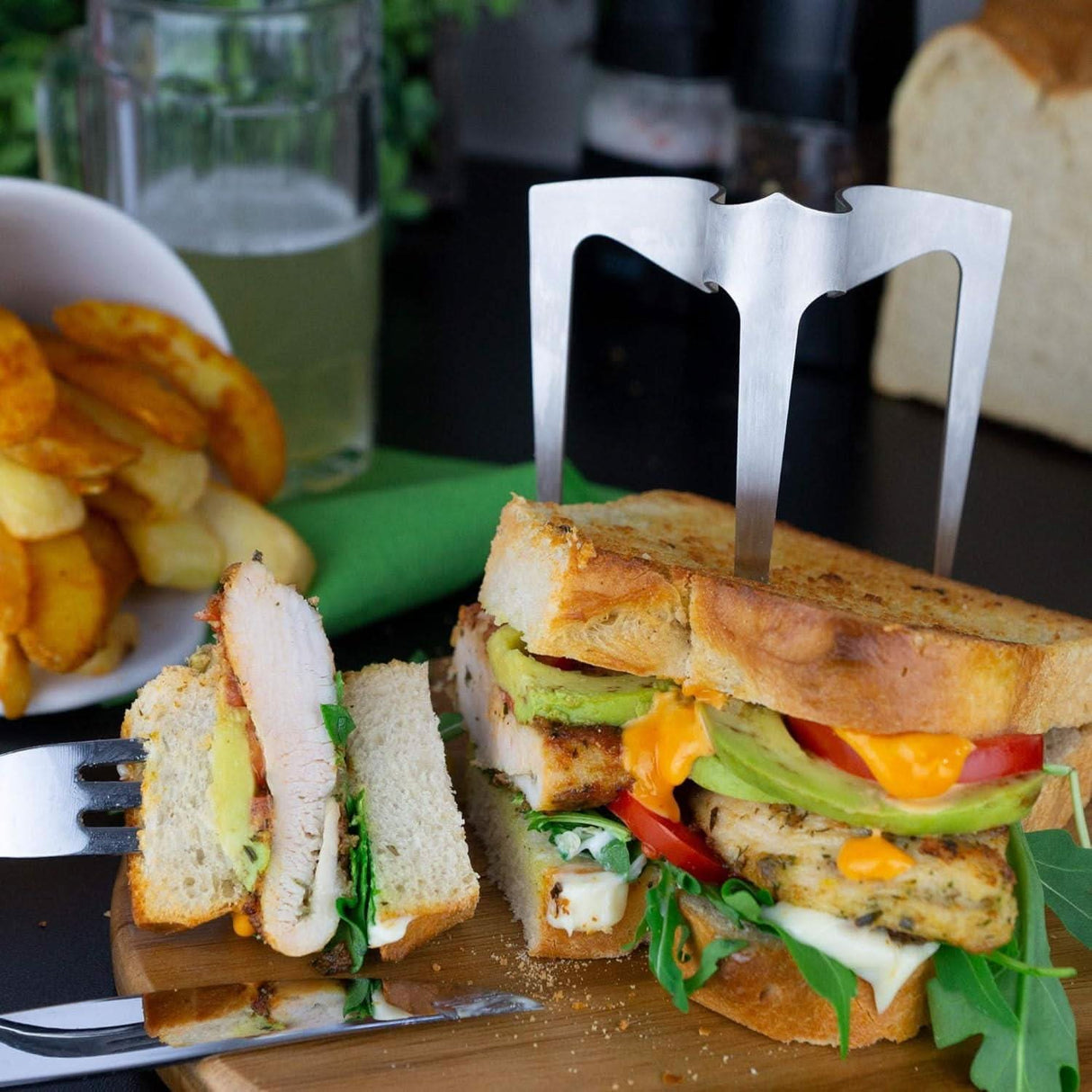 Burger Skewer Set – Stainless Steel & Wooden Plate