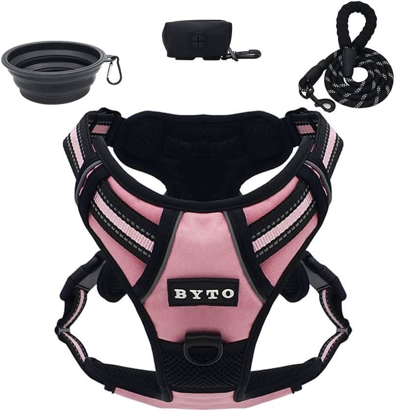 BYTO No Pull Dog Harness Set Reflective Strips 5ft Dog Lead Extra Large Pink