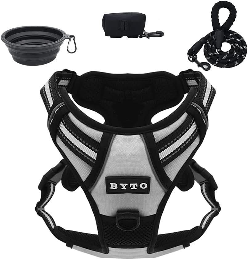 BYTO No Pull Dog Harness Set Reflective Strips 5ft Dog Lead Large Grey