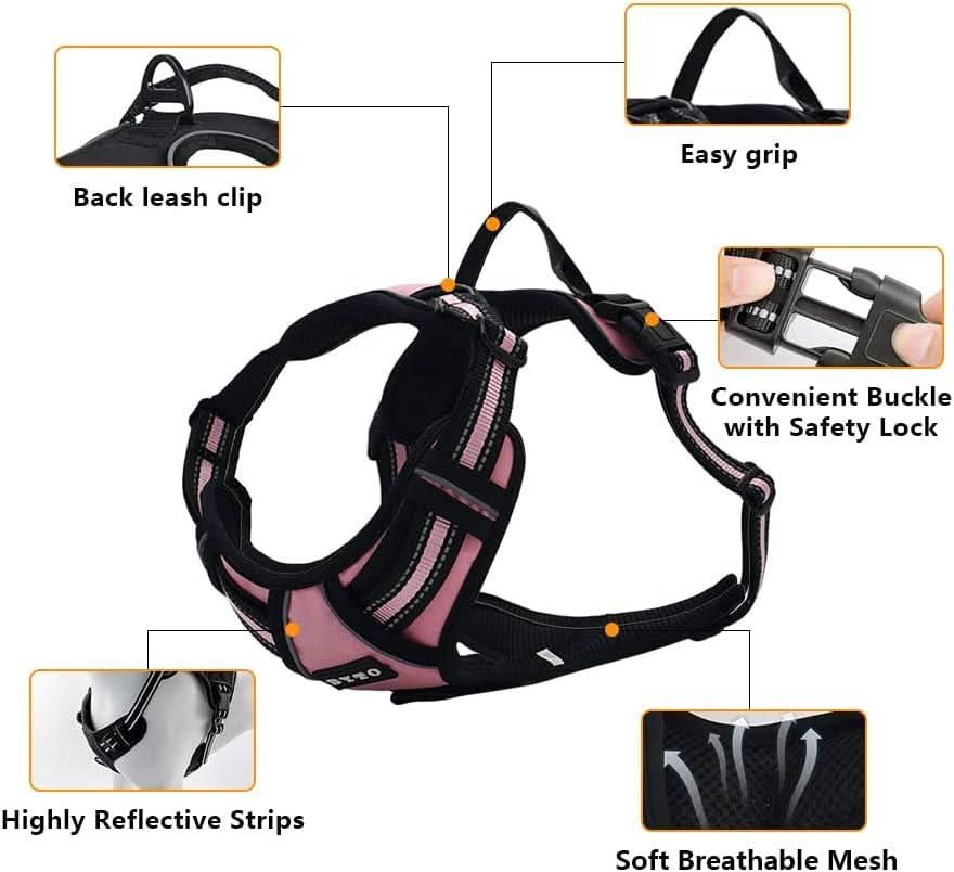 BYTO No Pull Duty Harness Set Reflective Strips 5ft Dog Lead Large Pink