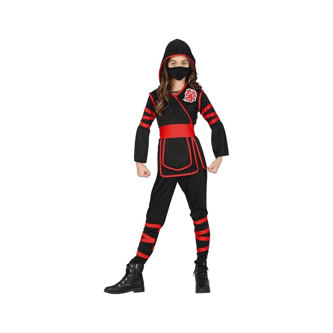 Girls Ninja Costume Black and Red Warrior Outfit with Hood and Mask 5-6 Years