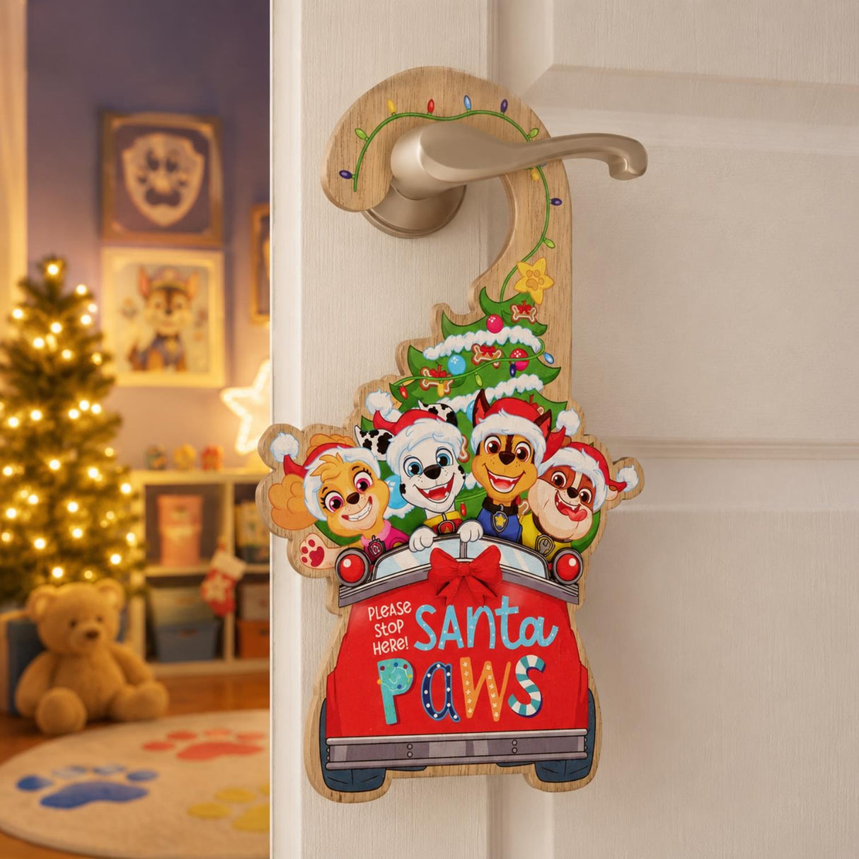 Paw Patrol Santa Paws Please Stop Here Wooden Door Hanger