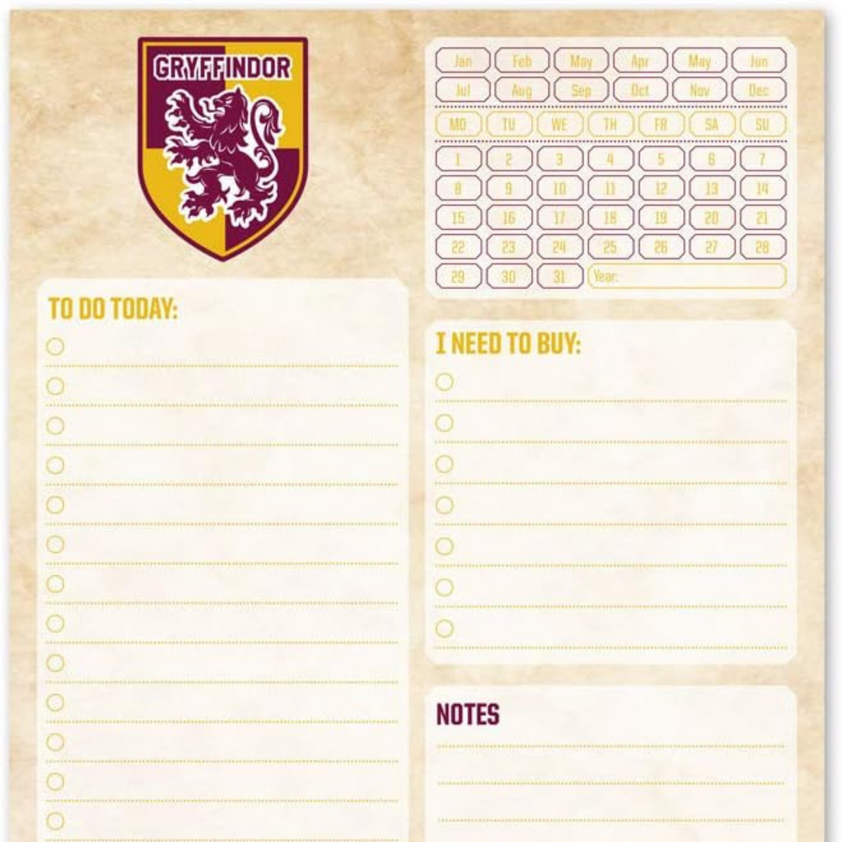 Harry Potter Gryffindor A5 Note Pad Planner