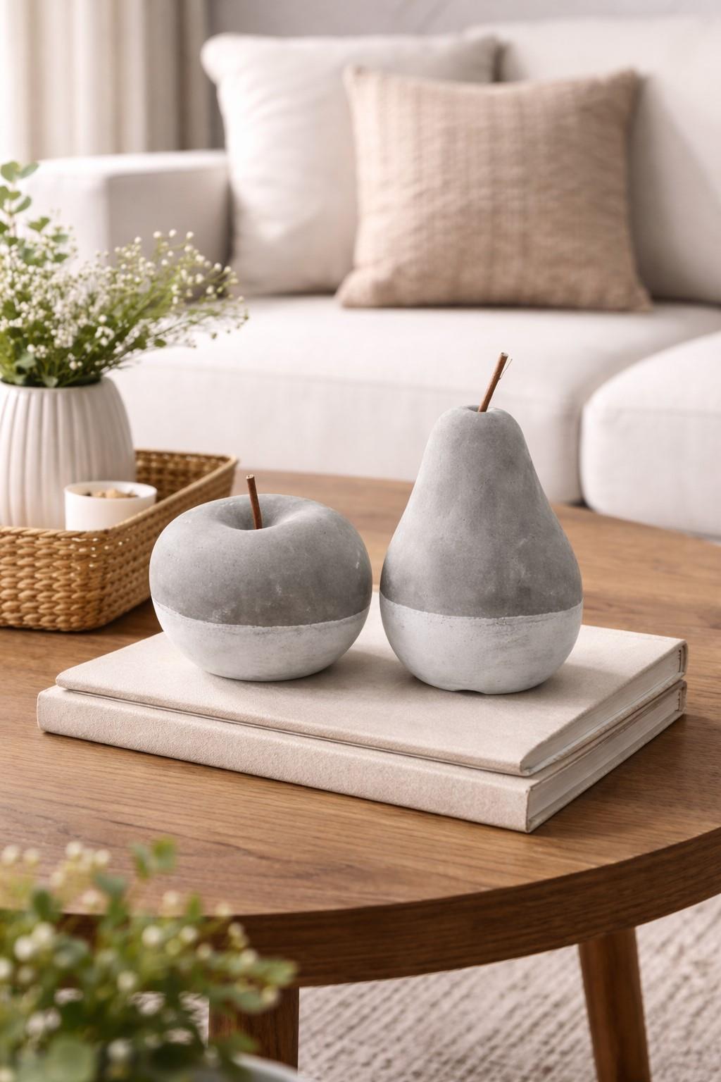 Modern Concrete Apple and Pear Decorative Ornament Set with Silver Detail