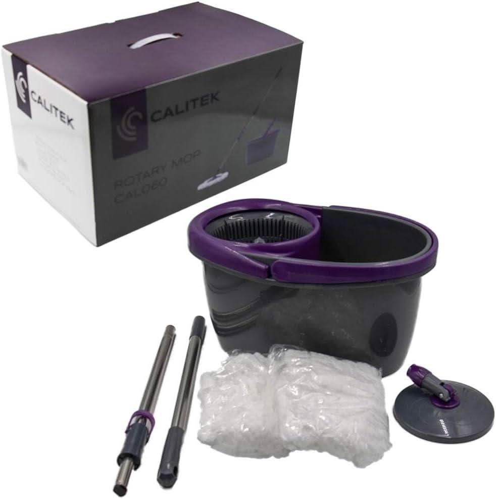 CALITEK 360 Degree Rotating Spin Mop and Bucket Set with 2 Microfibre Heads