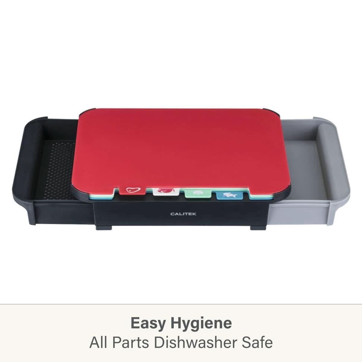 CALITEK Chopping Board Set Coloured Cutting Board with Stand and 2 Drawer Compartments Set of 4