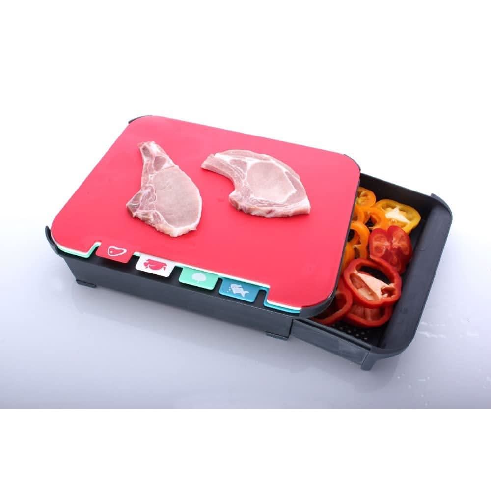 CALITEK Chopping Board Set Coloured Cutting Board with Stand and 2 Drawer Compartments Set of 4