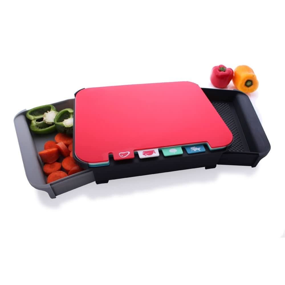 CALITEK Chopping Board Set Coloured Cutting Board with Stand and 2 Drawer Compartments Set of 4