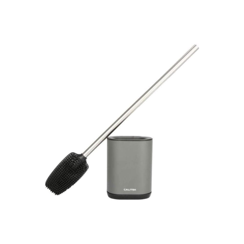 CALITEK Toilet Brush Flexible Silicon Bristles and Brush Head with Non Slip Long Stainless Steel Handle Grey
