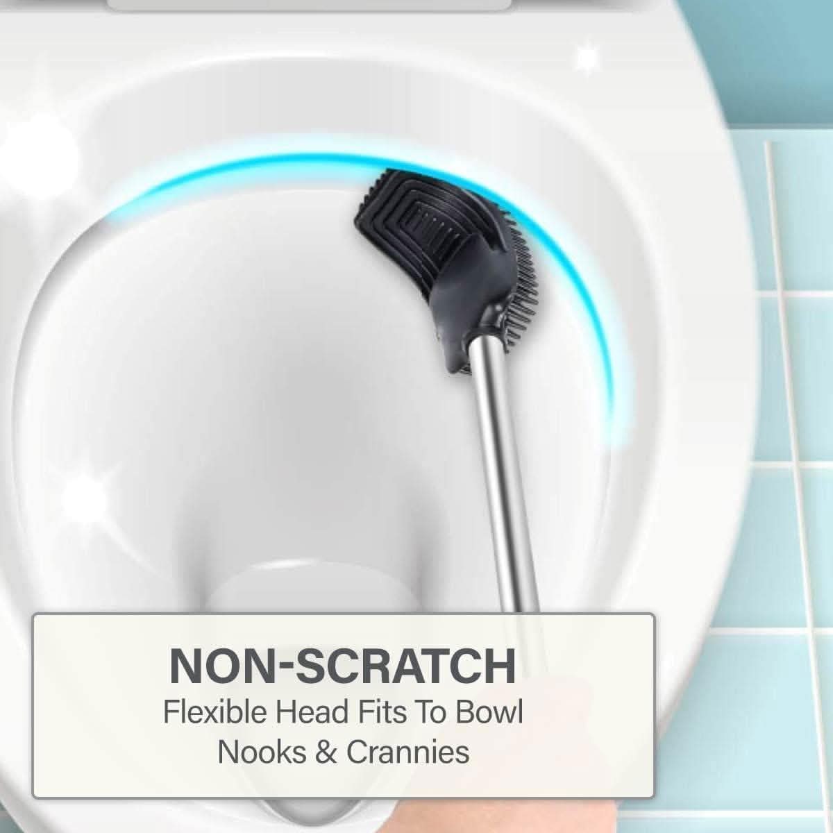 CALITEK Toilet Brush Flexible Silicon Bristles and Brush Head with Non Slip Long Stainless Steel Handle Grey