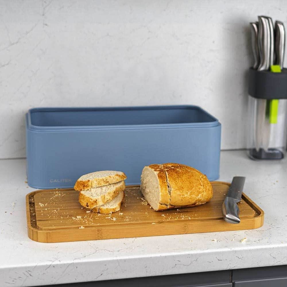 CALITEK Metal Bread Bin Storage Box Container for Kitchen Counter Bamboo Chopping Board Lid Blue