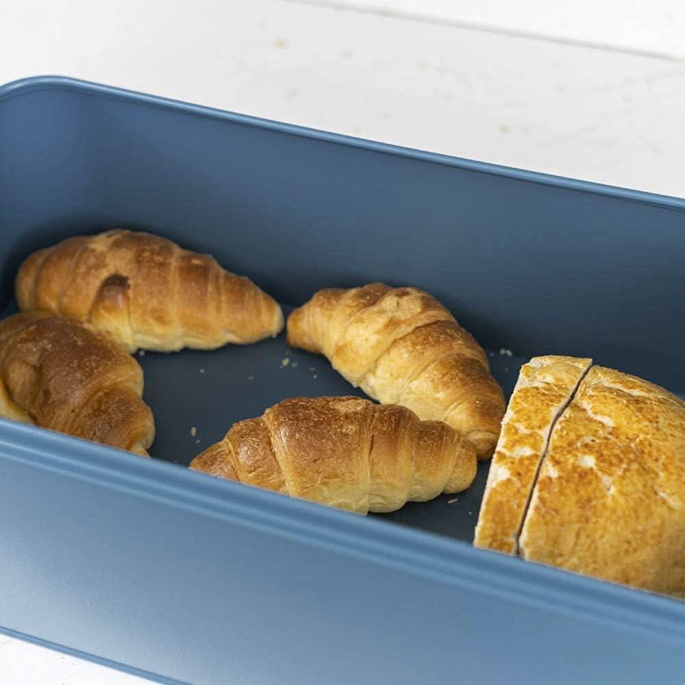 CALITEK Metal Bread Bin Storage Box Container for Kitchen Counter Bamboo Chopping Board Lid Blue