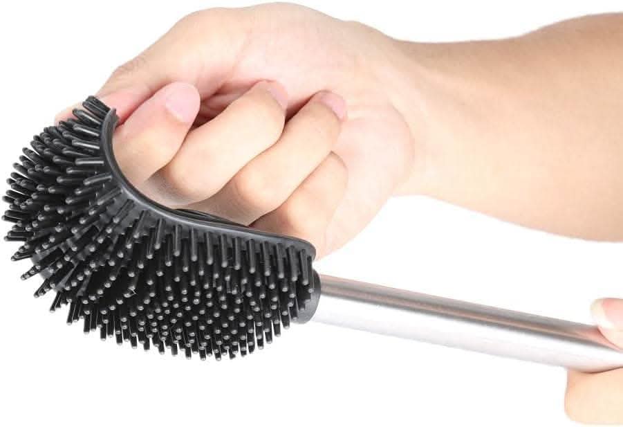 CALITEK Toilet Brush Flexible Silicon Bristles and Brush Head with Non Slip Long Stainless Steel Handle White
