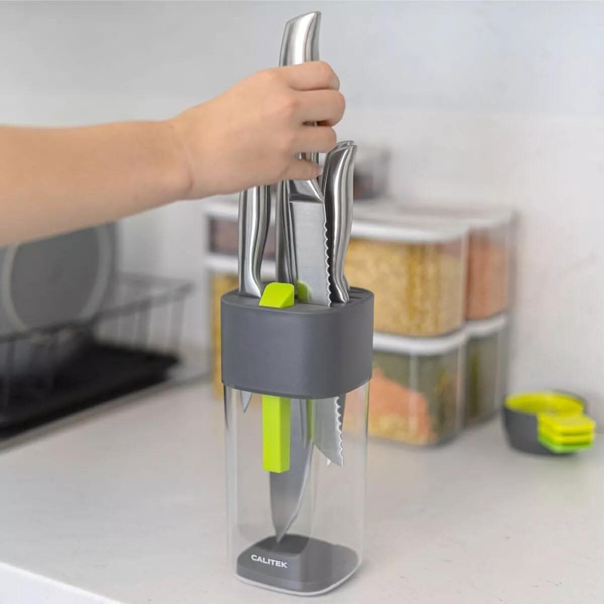 CALITEK Universal Knife Block with Sharpener - Grey/Green