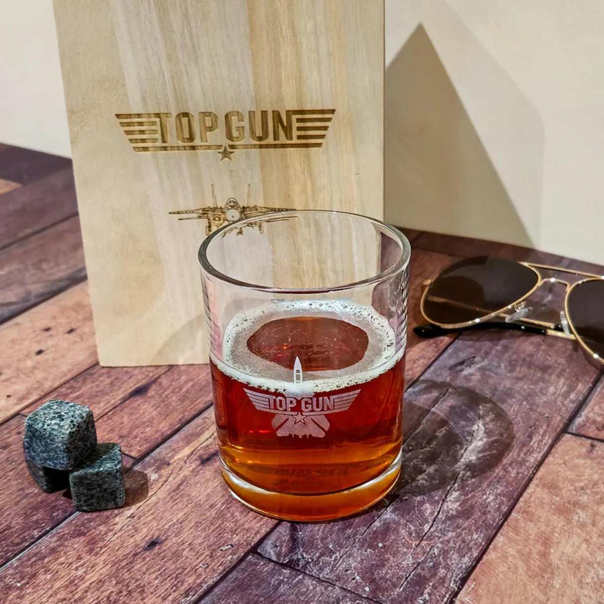 Top Gun Whisky Tumbler with Stones in a Wooden Box