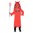 Child wearing a red child devil Halloween costume with a scary mask and holding a red trident