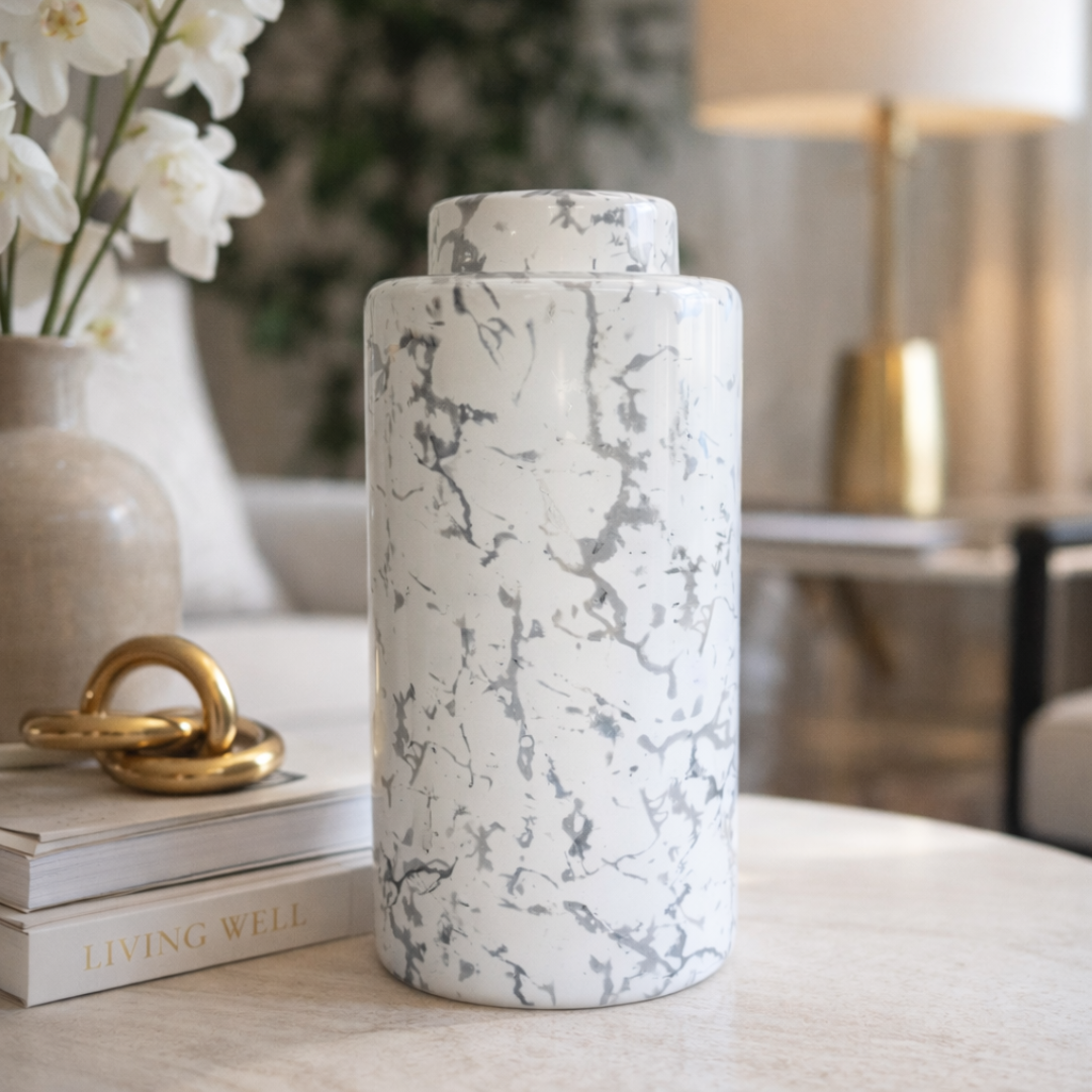 White and Grey Marble Effect Storage Jar with Lid H35cm