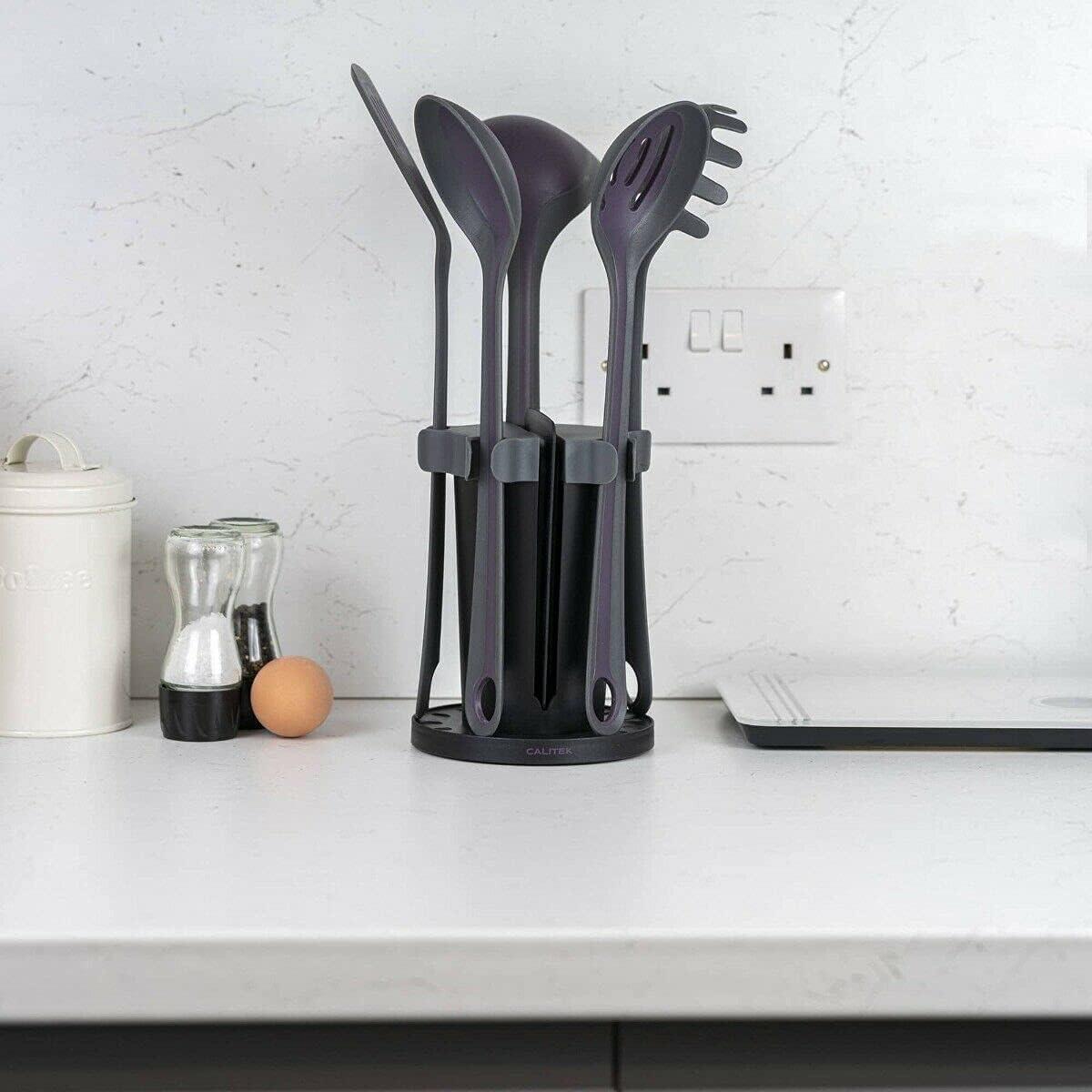 Calitek Utensil 5 Piece Set with Stand and Spoon Rest Purple
