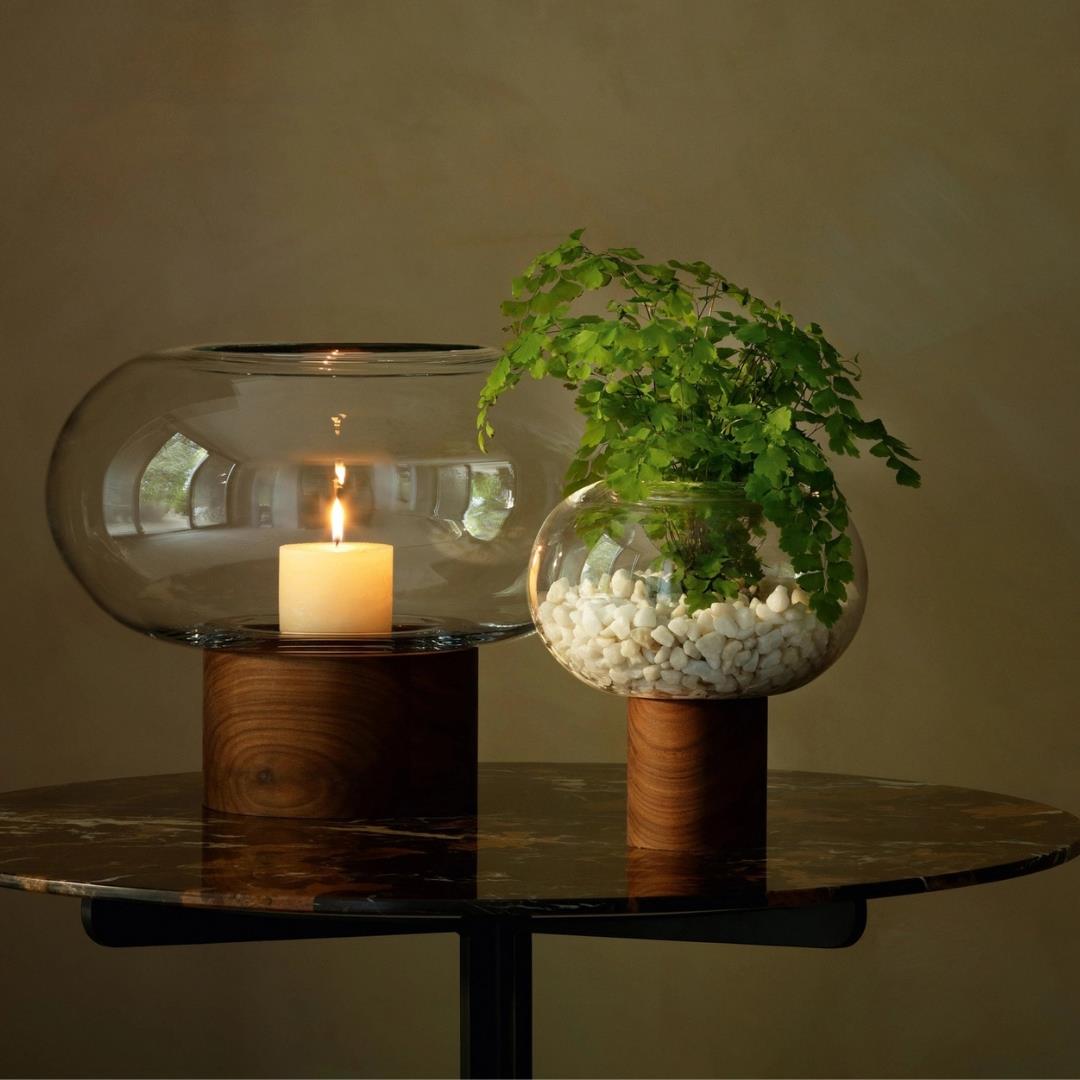 LSA Oblate Glass Vase Lantern 21.5cm with Walnut Base Clear