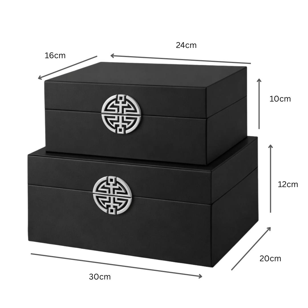 Black Wooden Storage Boxes with Silver Geometric Motif Set of 2