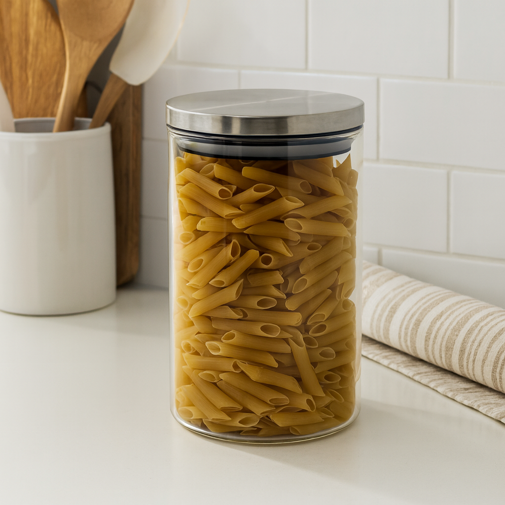 Clear Glass Cylinder Storage Jar with Black Lid 950ml