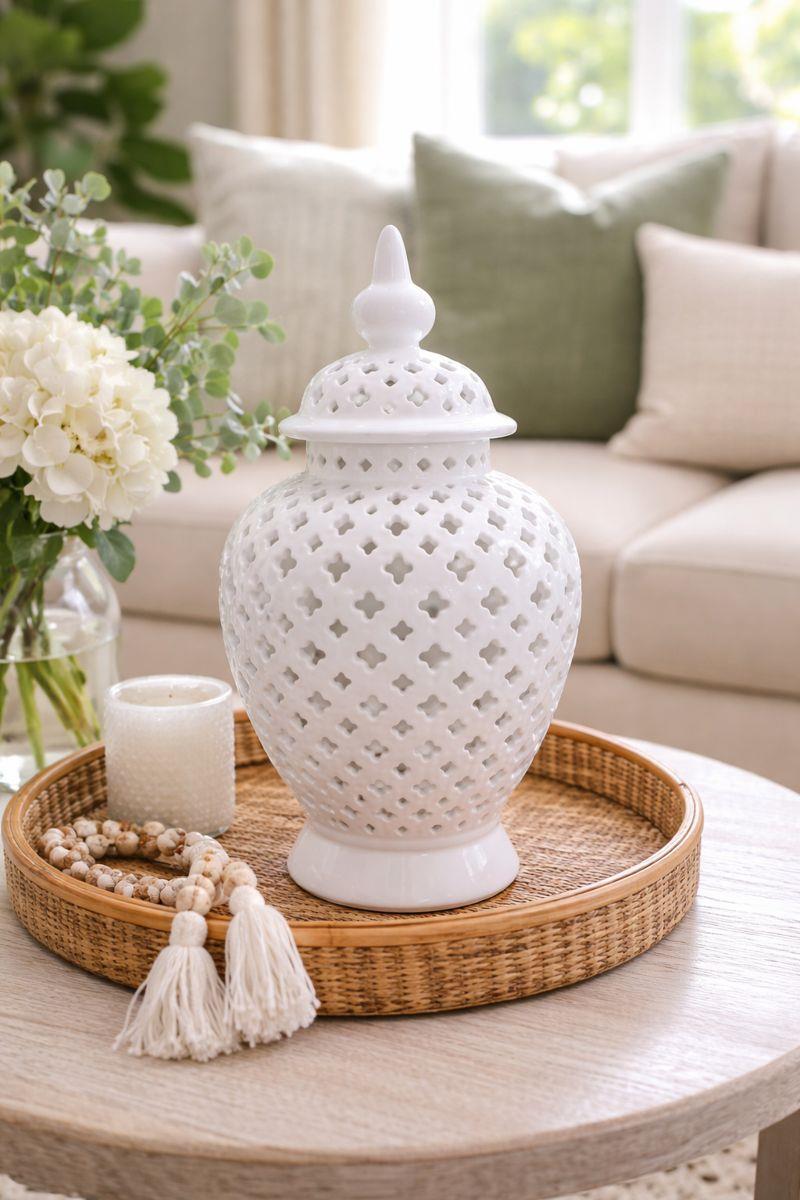 White Ceramic Lattice Ginger Jar Decorative Accent Vase 50cm